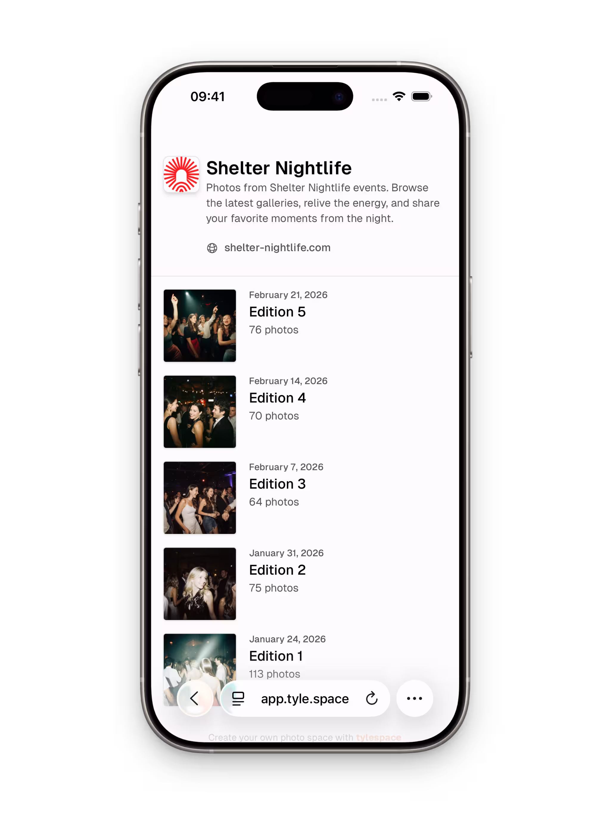 Mobile event gallery preview shown on tyle.space
