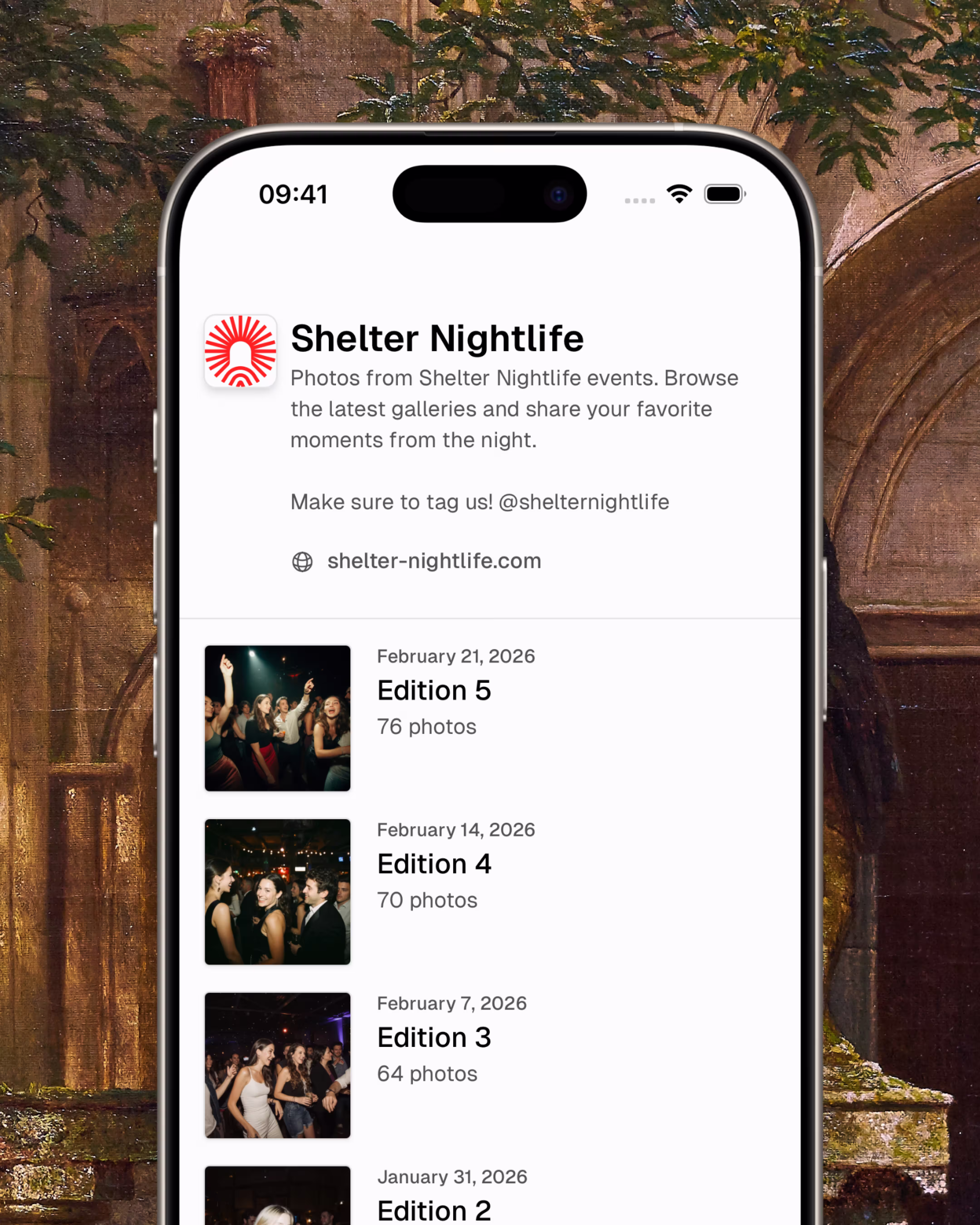 Mobile event gallery preview shown on tyle.space